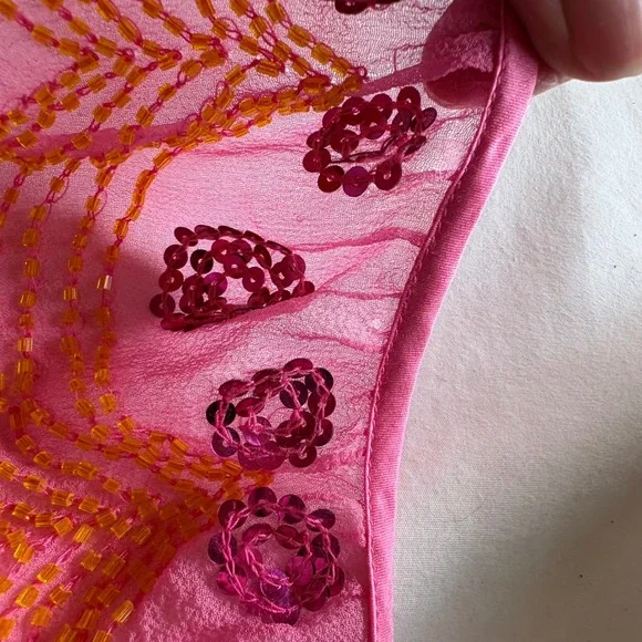 Antik Batik Pink Orange Beaded Silk Blouse 3/4 Sleeve Scalloped Hem Top Medium - Picture 11 of 13